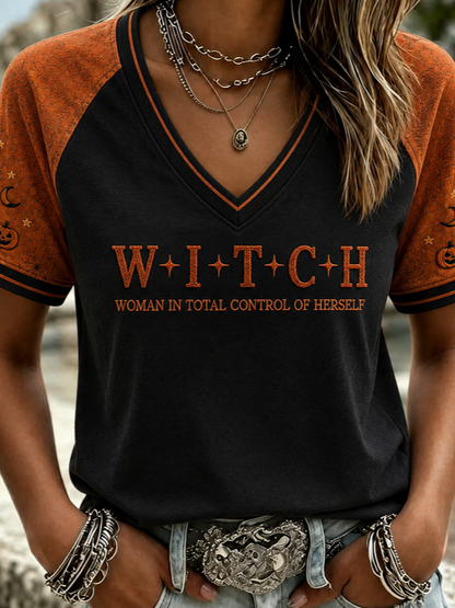 Vintage Text Letters V Neck Short Sleeve T-shirt