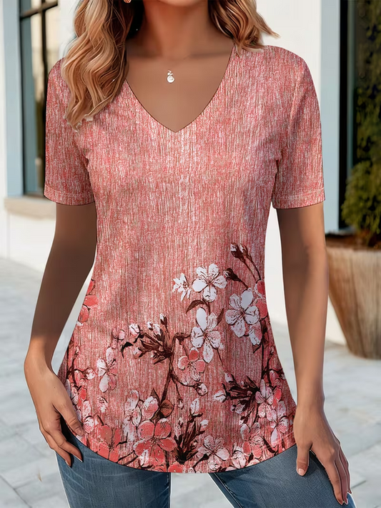 Vintage Floral V Neck Short Sleeve T-shirt