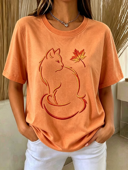 Casual Cat Crew Neck Short Sleeve T-shirt