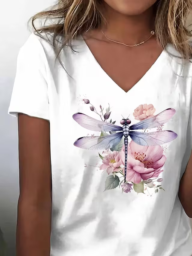 Vintage Floral V Neck Short Sleeve T-shirt